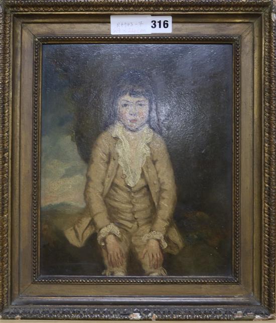 After Gainsborough, oil on panel, seated boy 29 x 24cm.